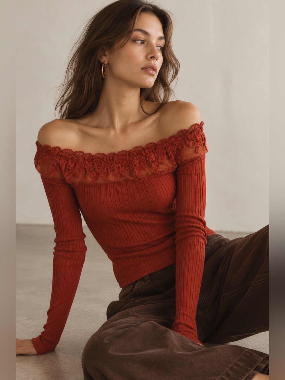 Free People Admire Me Lace Off Shoulder Ribbed Top Terracotta XS